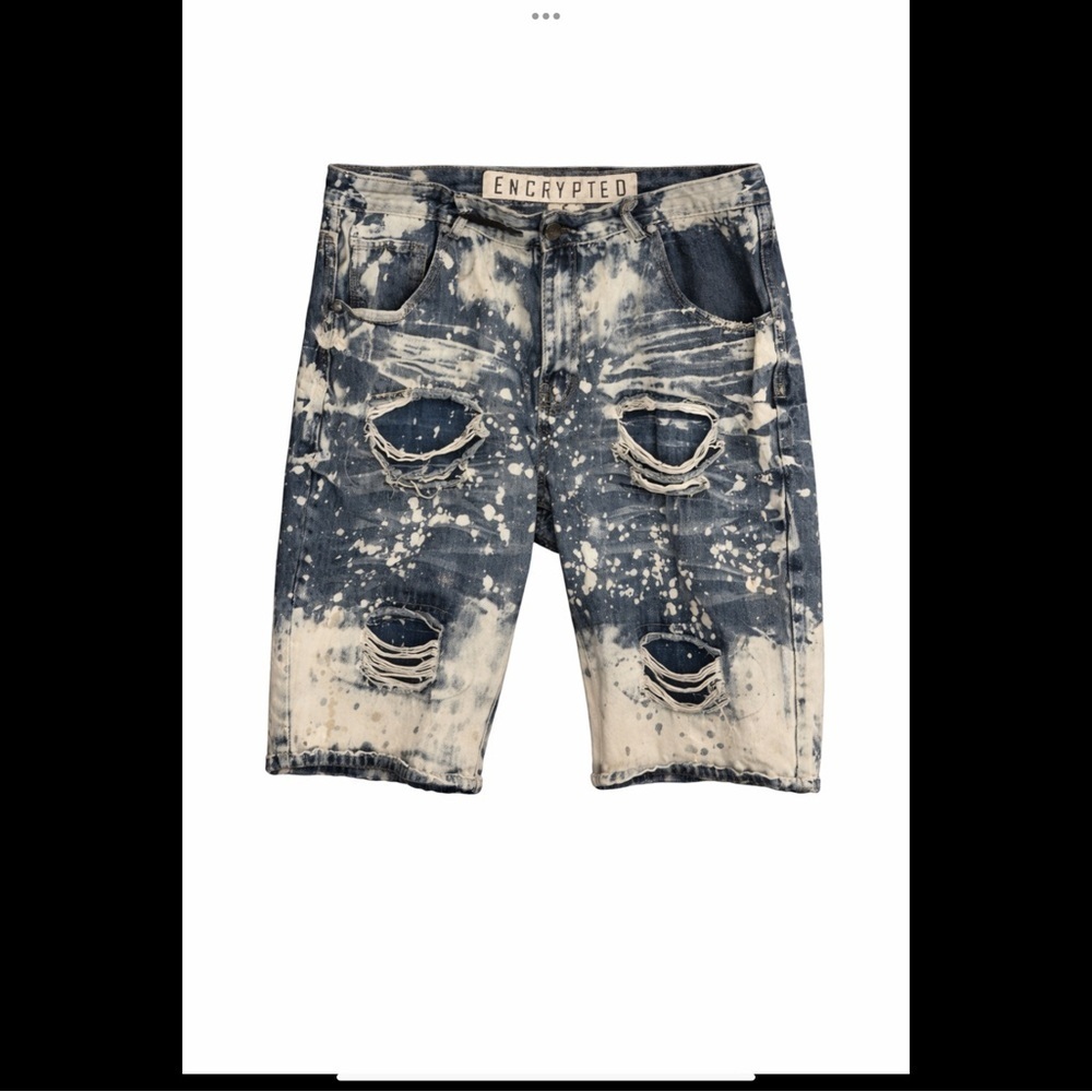 Encrypted Menβs 46 Distressed Denim Shorts Bleach Splatter